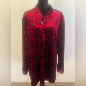 Velvet Blouse Geisha Ornate Tunic L Flocked Black Red Blue Oriental